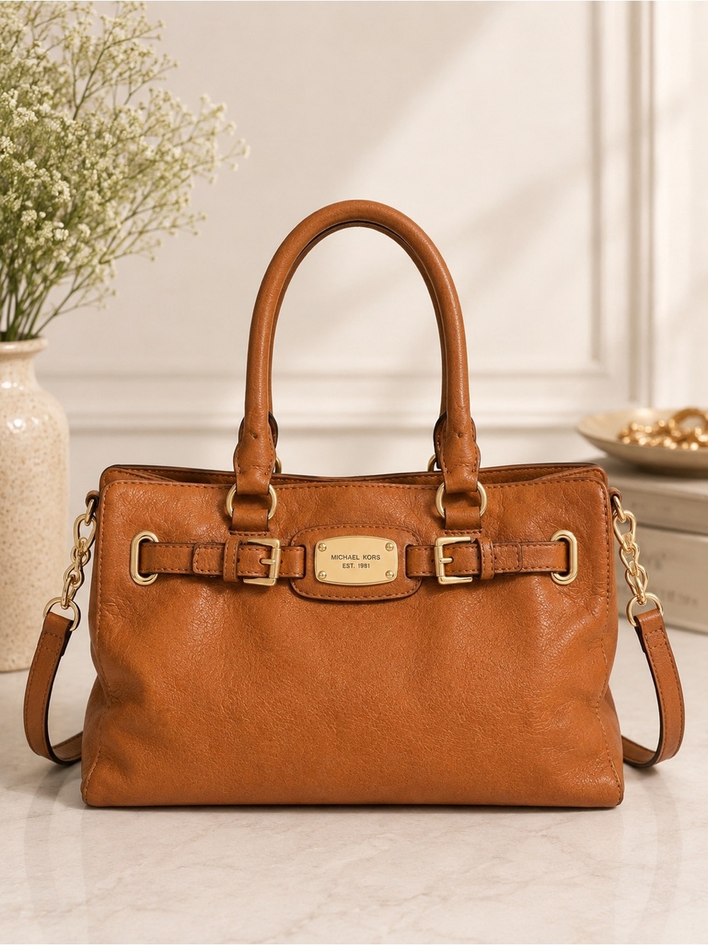 Michael Kors Hamilton Brown Pebbled Leather Satchel Tote Shoulder Bag Crossbody